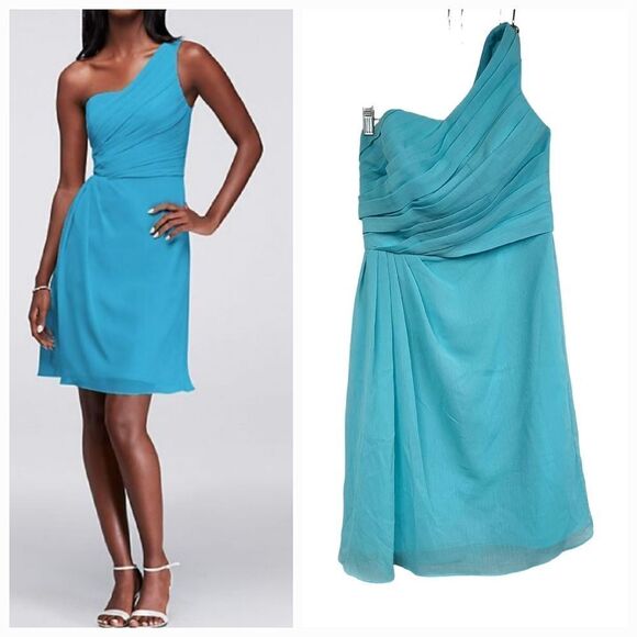 David's Bridal Aqua Crinkle Chiffon One Shoulder Short Bridesmaid Prom Dress 6 - Picture 1 of 14